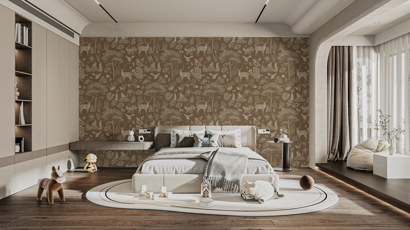 Hand-drawn wildlife wallpaper in brown

