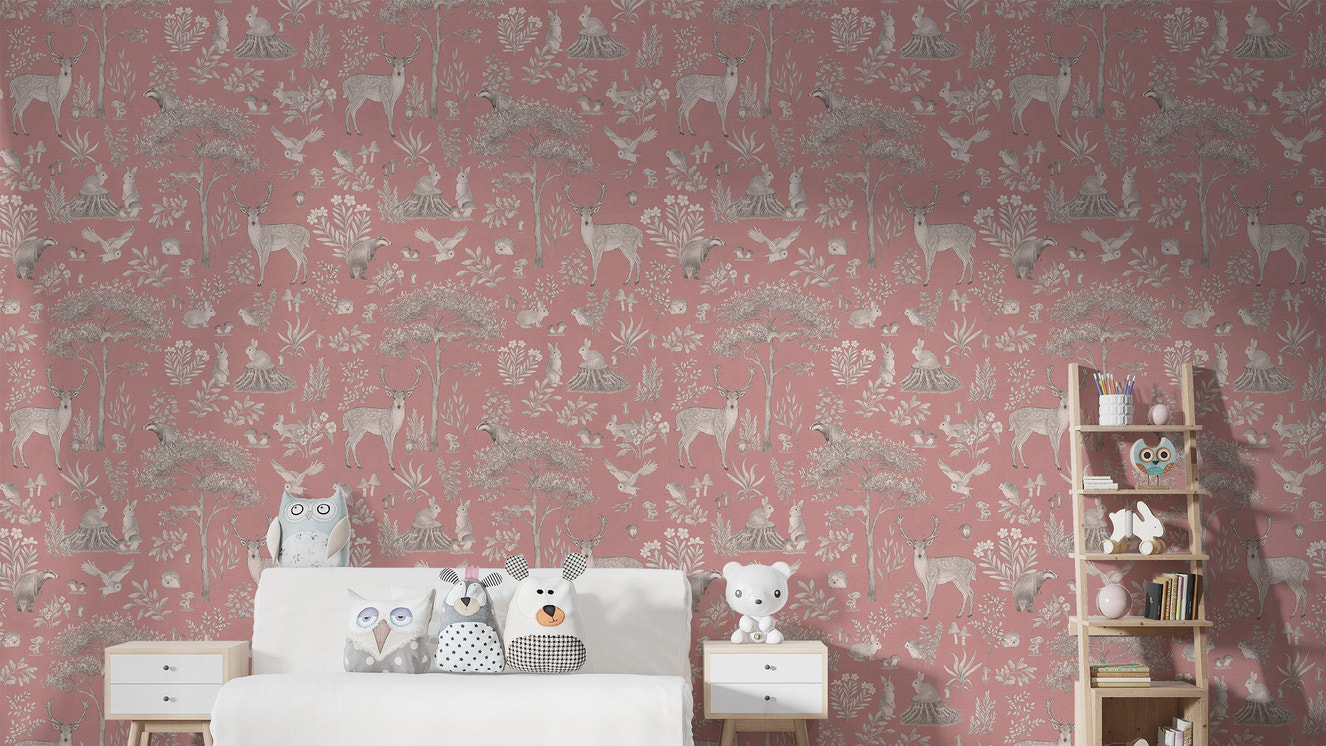 Elegant woodland wallpaper in pink
