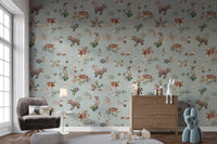 Woodland creatures blue wallpaper theme
