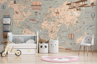 Vibrant vintage aeronautical world wallpaper mural for imaginative kids.