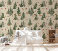 Beige woodland deer nursery wallpaper
