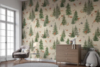 Forest deer and pine tree wallpaper design
