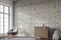 Birch tree wallpaper with flying owls
