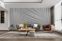 Serene light blue palm leaves mural wallpaper for inviting living rooms.