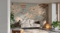 Whimsical aeronautical world map wallpaper mural for adventurous kids.