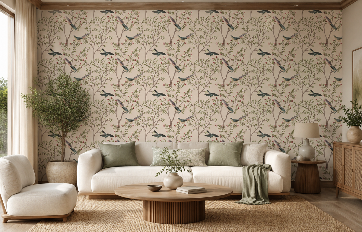 LIght Pink Leaves and Bird Wallpaper Murals A675
