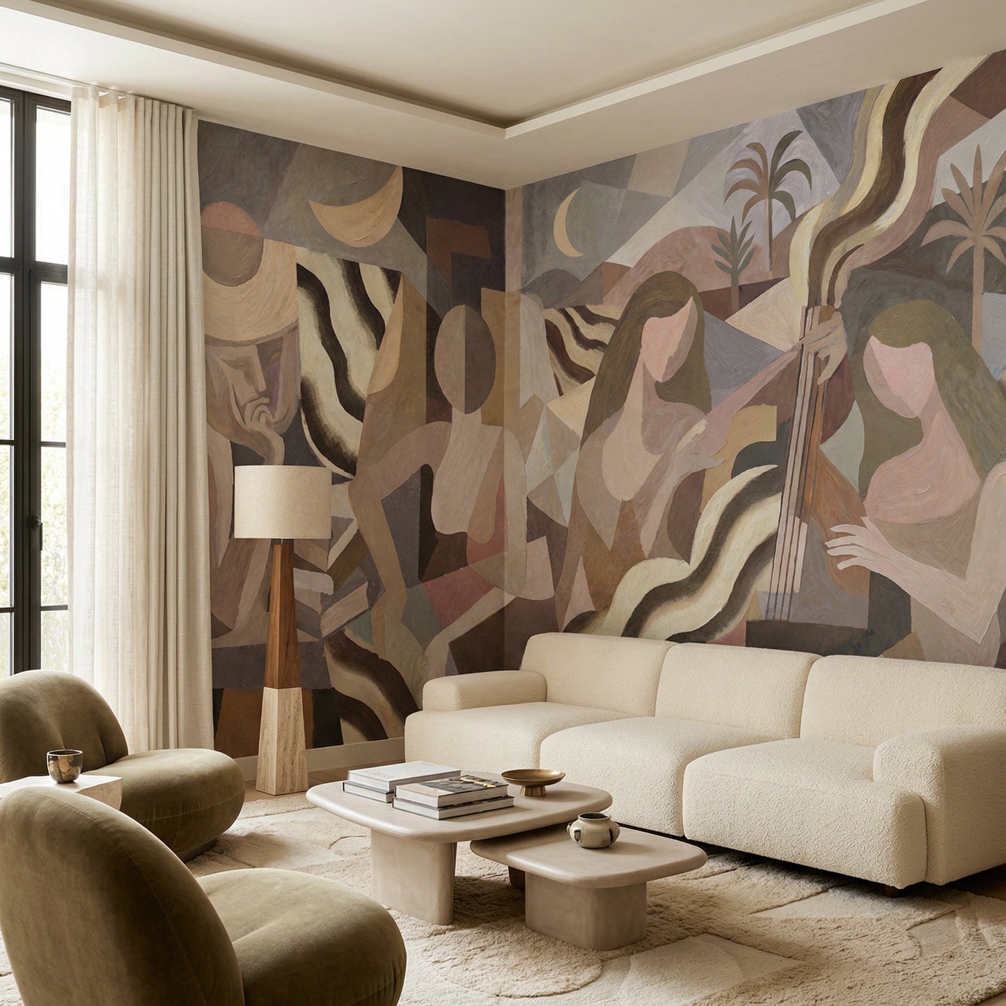 Cubist abstract wall mural displayed in a living room with neutral tones., GD10366