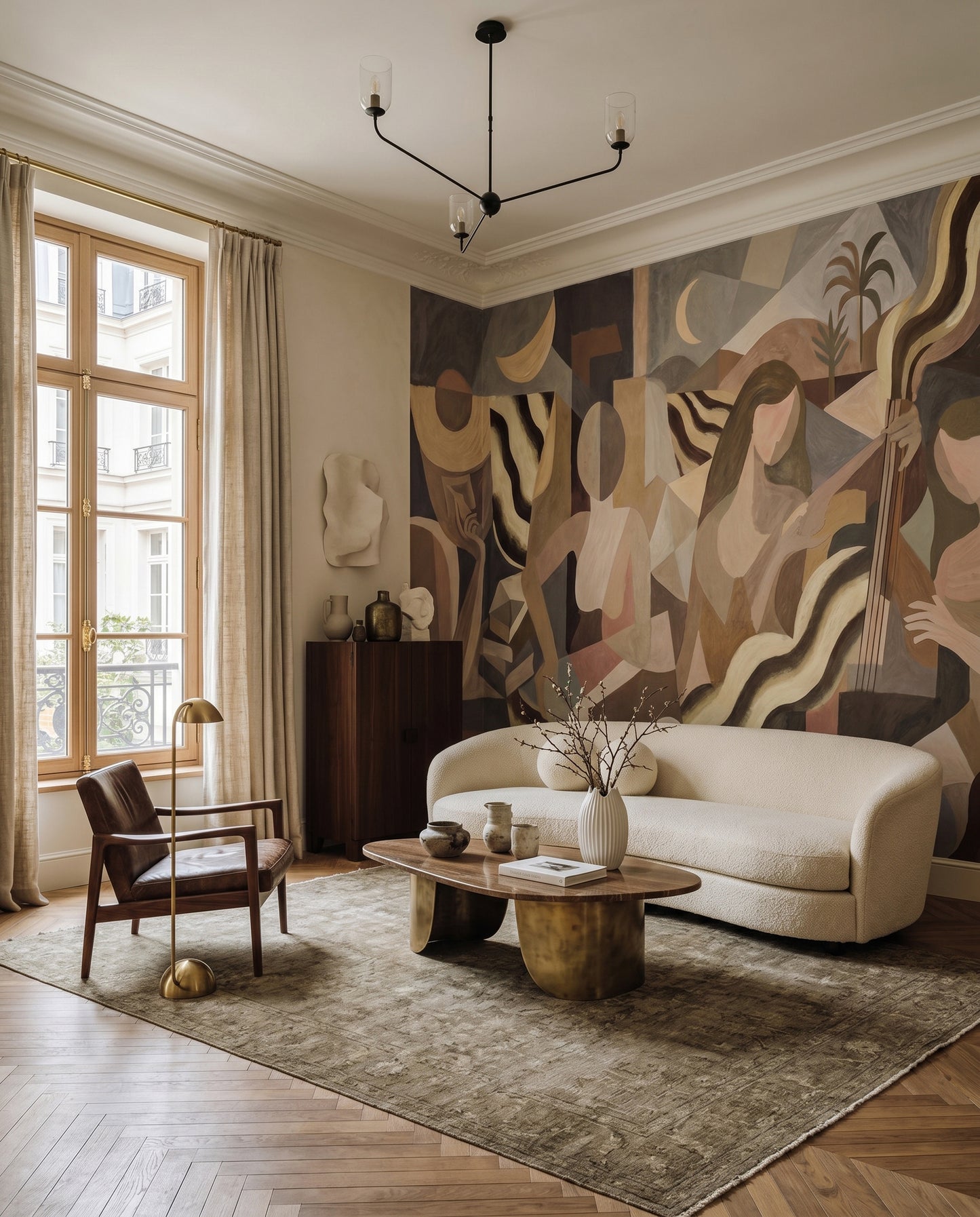 Interlocking geometric shapes and abstracted figures wall mural in brown olive and cream., GD10366