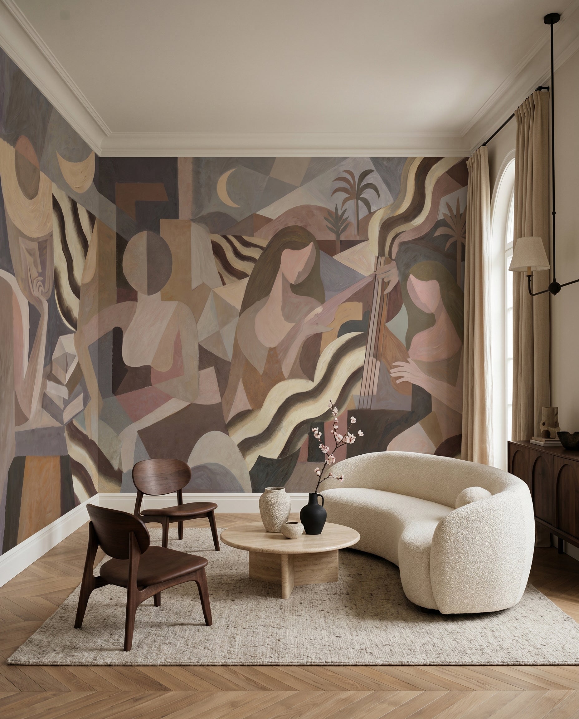 Panoramic cubist wall mural with musical and tropical references in grey tones., GD10366