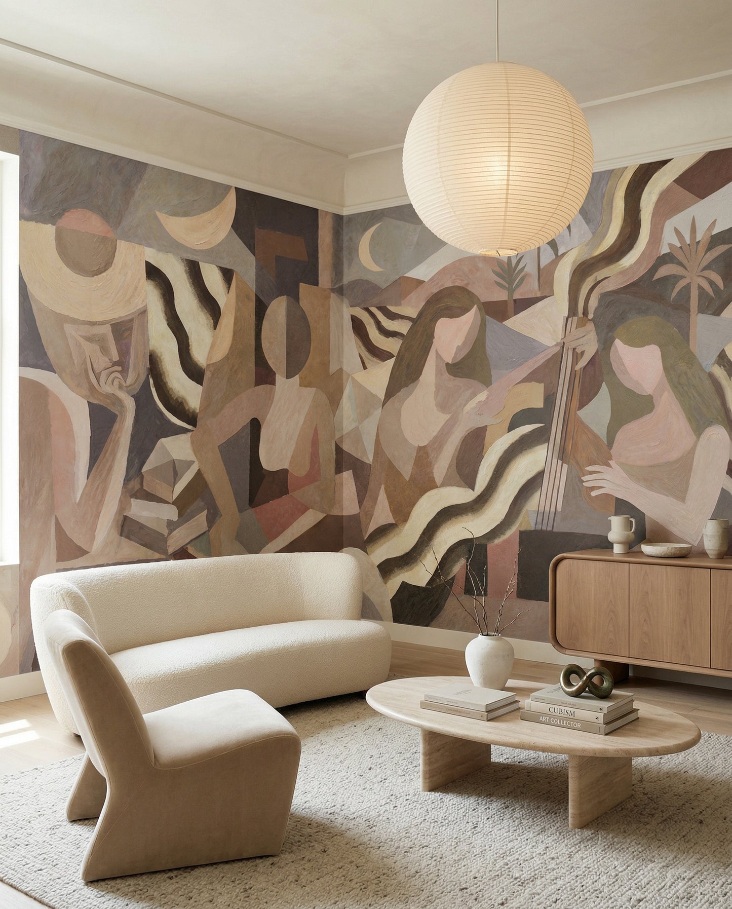 Mid-century abstract wall mural with fragmented figures in dusty blue and taupe., GD10366