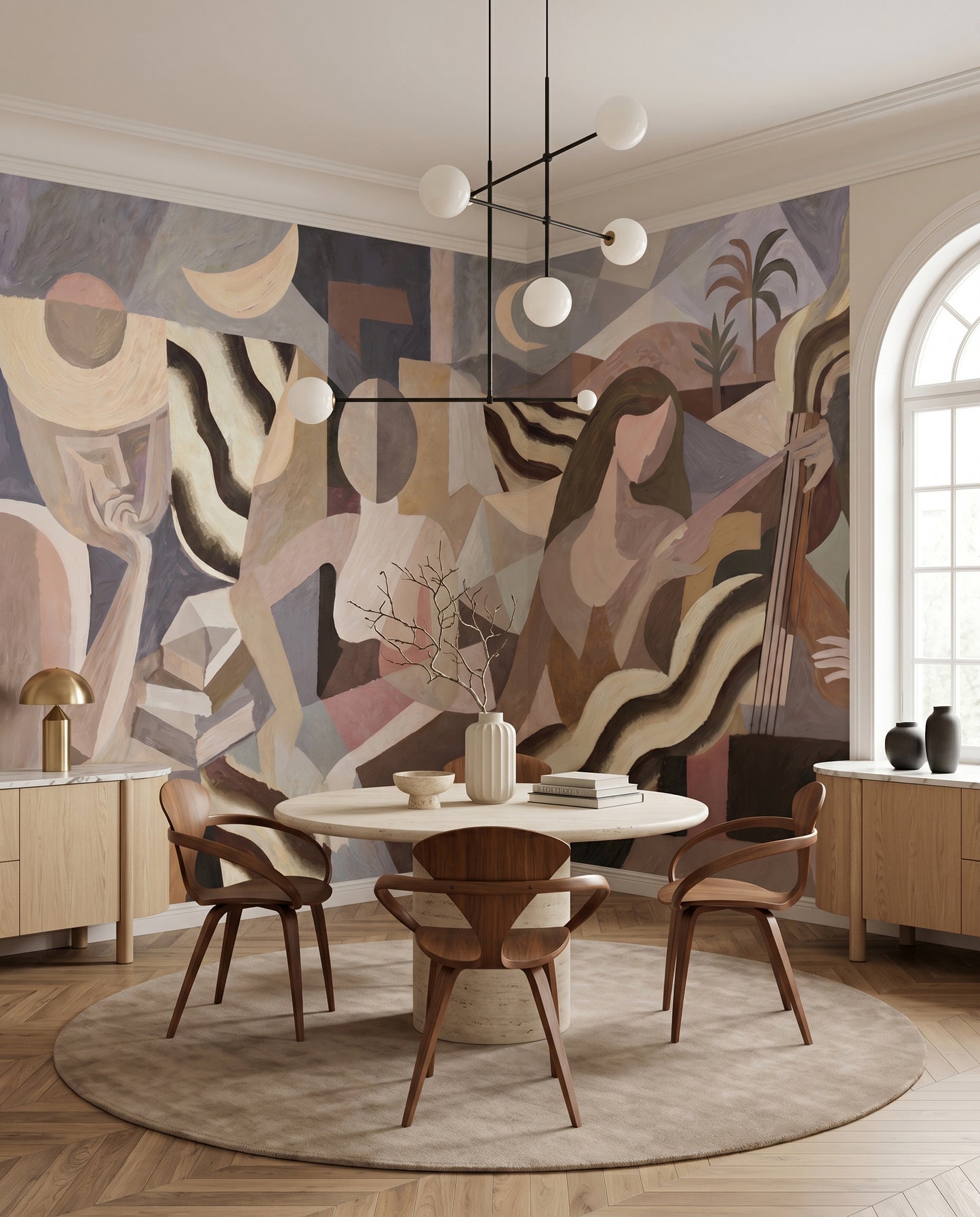 Figurative cubist mural with crescent moon shapes and wavy ribbon elements in dining room., GD10366