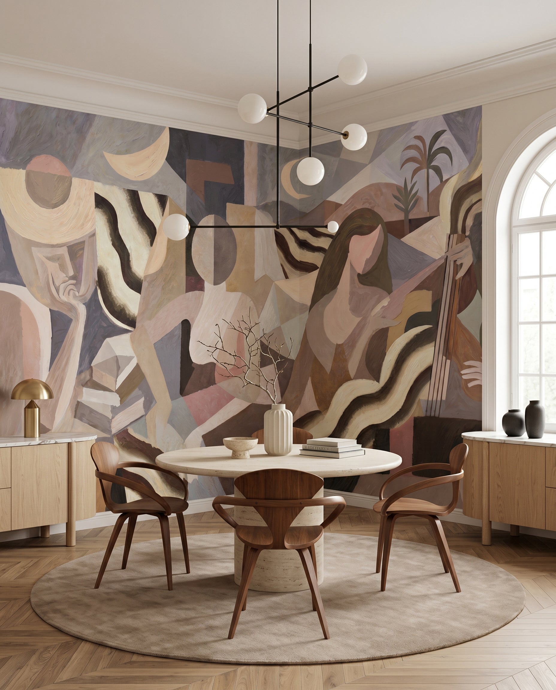 Figurative cubist mural with crescent moon shapes and wavy ribbon elements in dining room., GD10366
