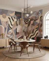 Figurative cubist mural with crescent moon shapes and wavy ribbon elements in dining room., GD10366