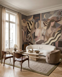 Angular and curved abstract mural in grey brown and beige overlapping plane., GD10366