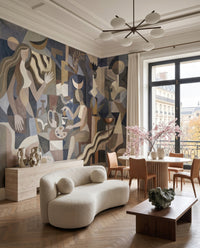 Figurative cubist mural with painter palette and flowing ribbon elements., GD10367