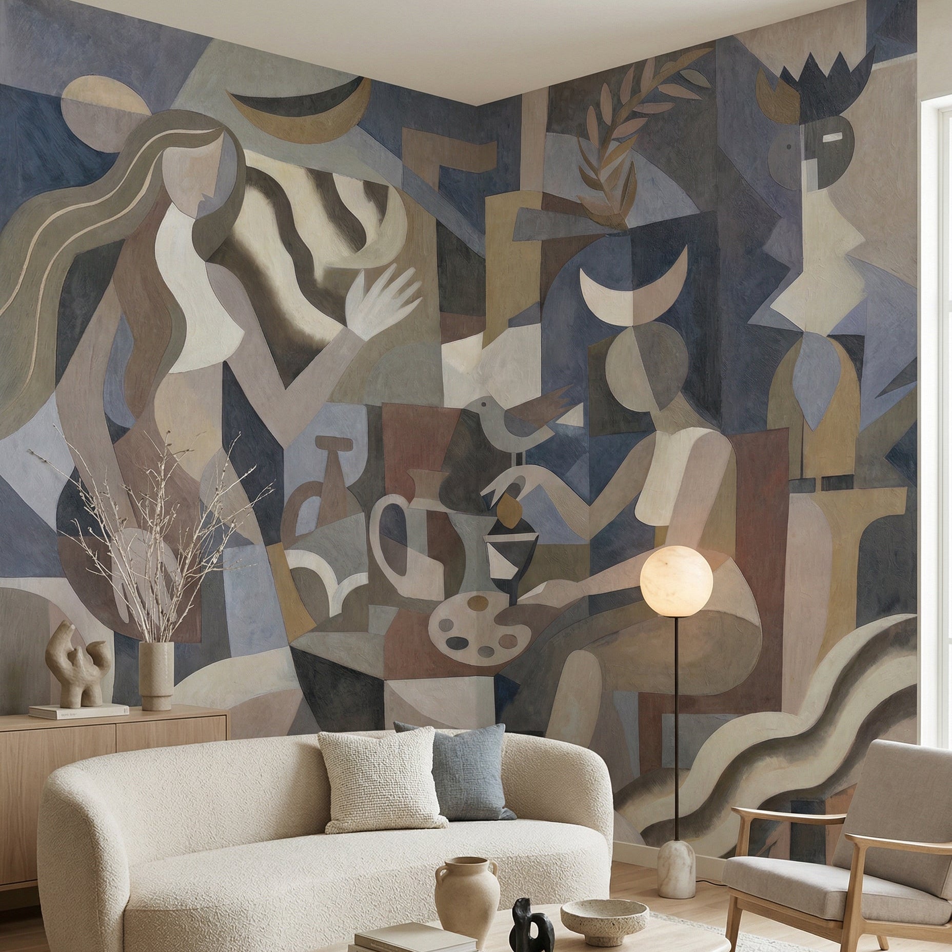 Interlocking geometric figures and objects mural in steel blue taupe and off-white., GD10367