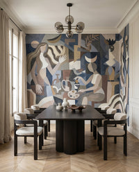 Still life cubist wall mural with jug goblet and crown motifs in dining room., GD10367