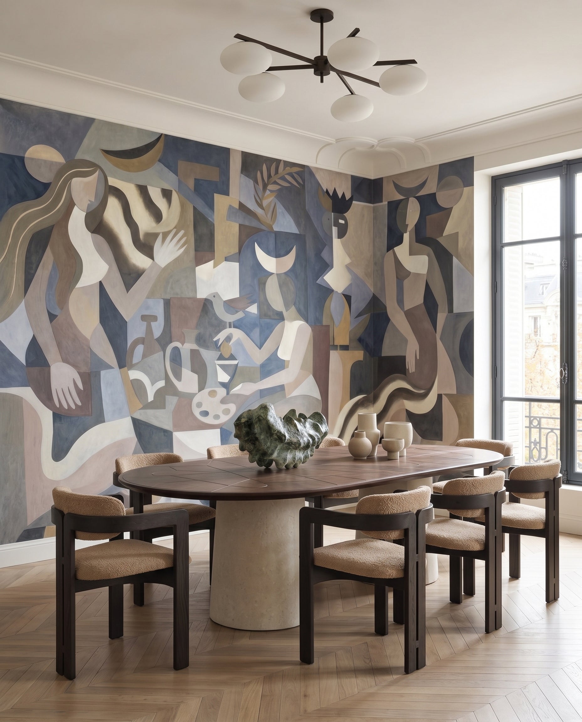 Cool toned abstract wall mural with angular forms in charcoal and dusty blue., GD10367