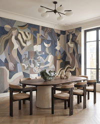 Cool toned abstract wall mural with angular forms in charcoal and dusty blue., GD10367