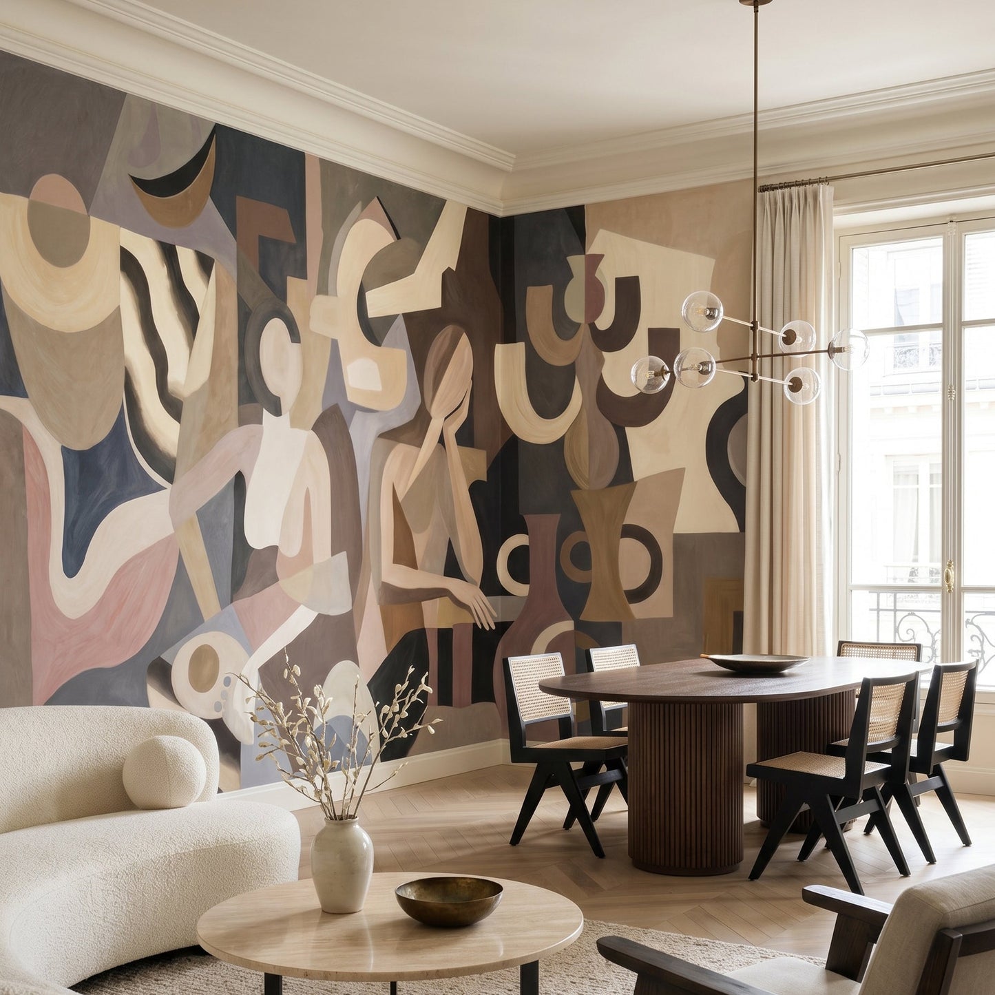 Fragmented human silhouettes and celestial motifs wall mural in muted painterly blocks., GD10368