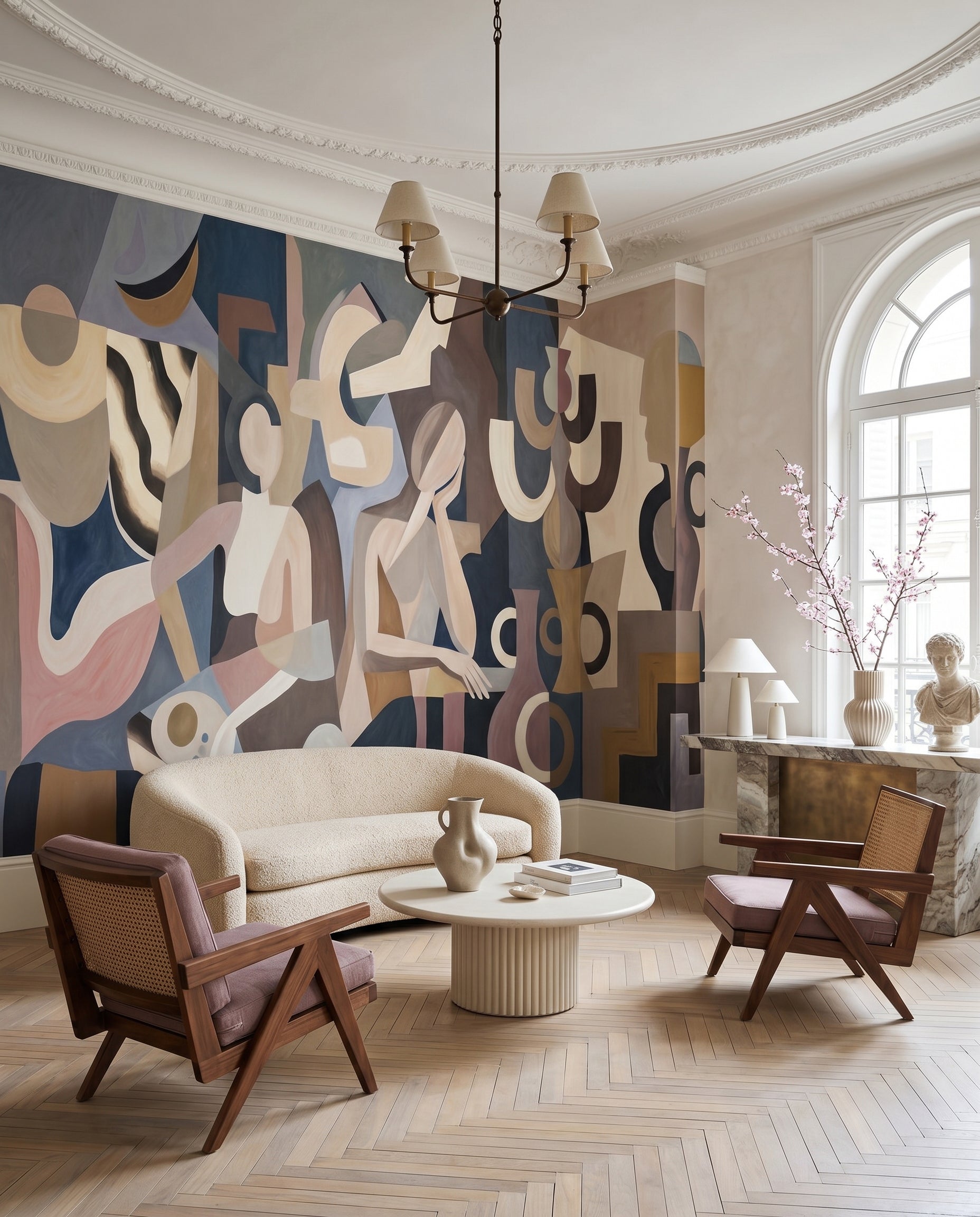 Still life cubist wall mural with vases and ochre cream and charcoal tones., GD10368