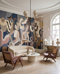 Still life cubist wall mural with vases and ochre cream and charcoal tones., GD10368