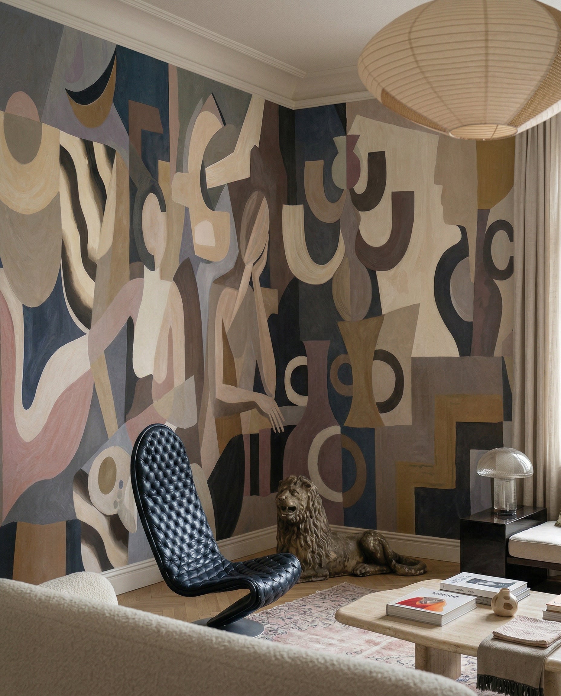 Neutral toned abstract wall mural with interlocking angular and curved forms., GD10368