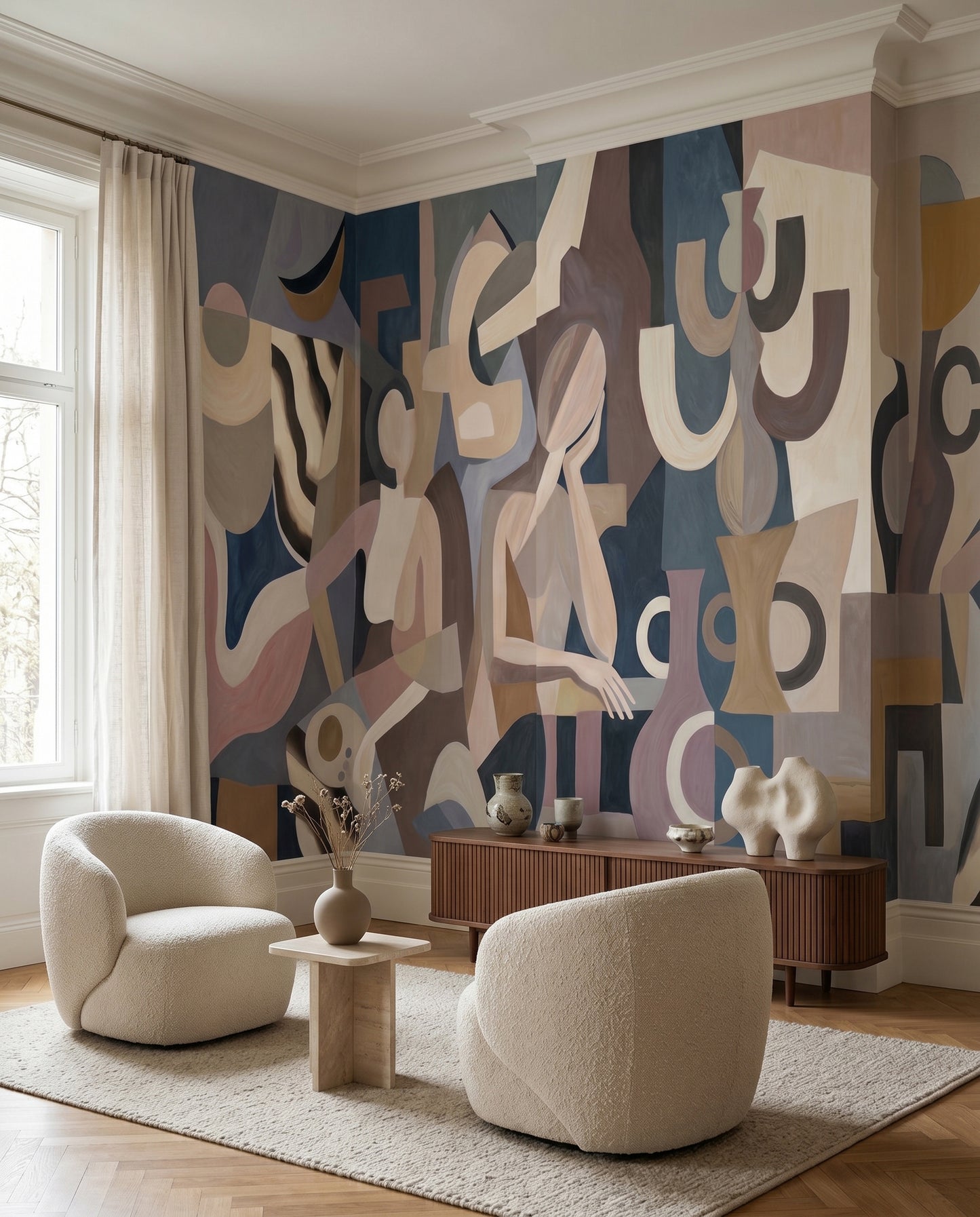Figurative cubist mural with vessel shapes and mauve accents in hallway., GD10368