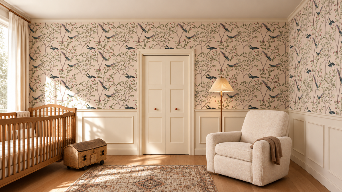 Light Pink Leaves and Bird Wallpaper Murals A675
