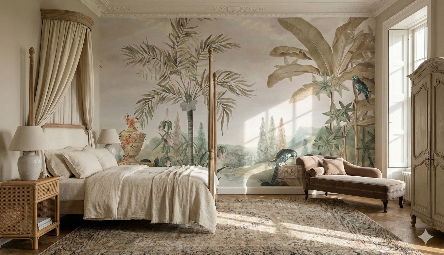 Muted sepia tone palm tree mural with river background