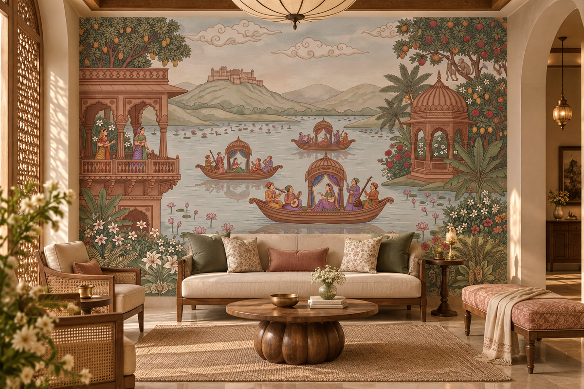 Pichwai Lake Reverie artistic mural with ornate boats, a fort and lotus gardens in Pichwai style, GD13099