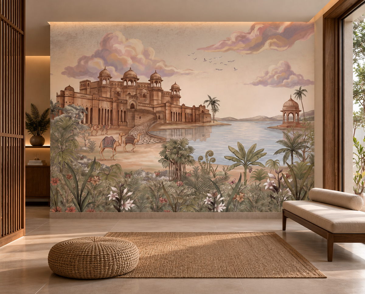 Luxurious Rajasthani palace and lake mural in warm golden tones, GD13083