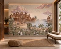 Luxurious Rajasthani palace and lake mural in warm golden tones, GD13083