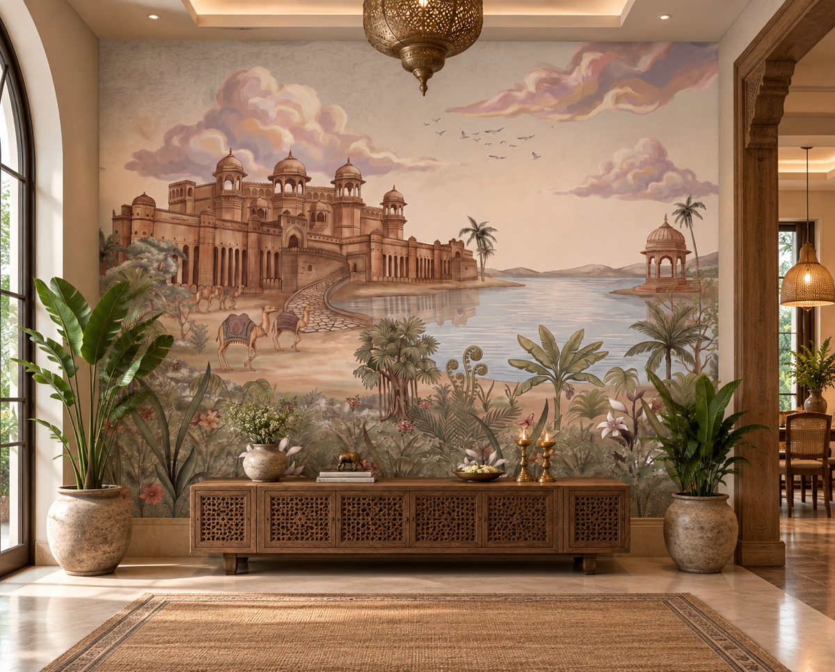 Luxurious Rajasthani palace and lake mural in warm golden tones, GD13083