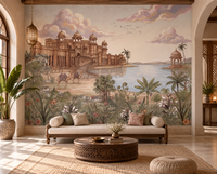 Luxurious Rajasthani palace and lake mural in warm golden tones, GD13083