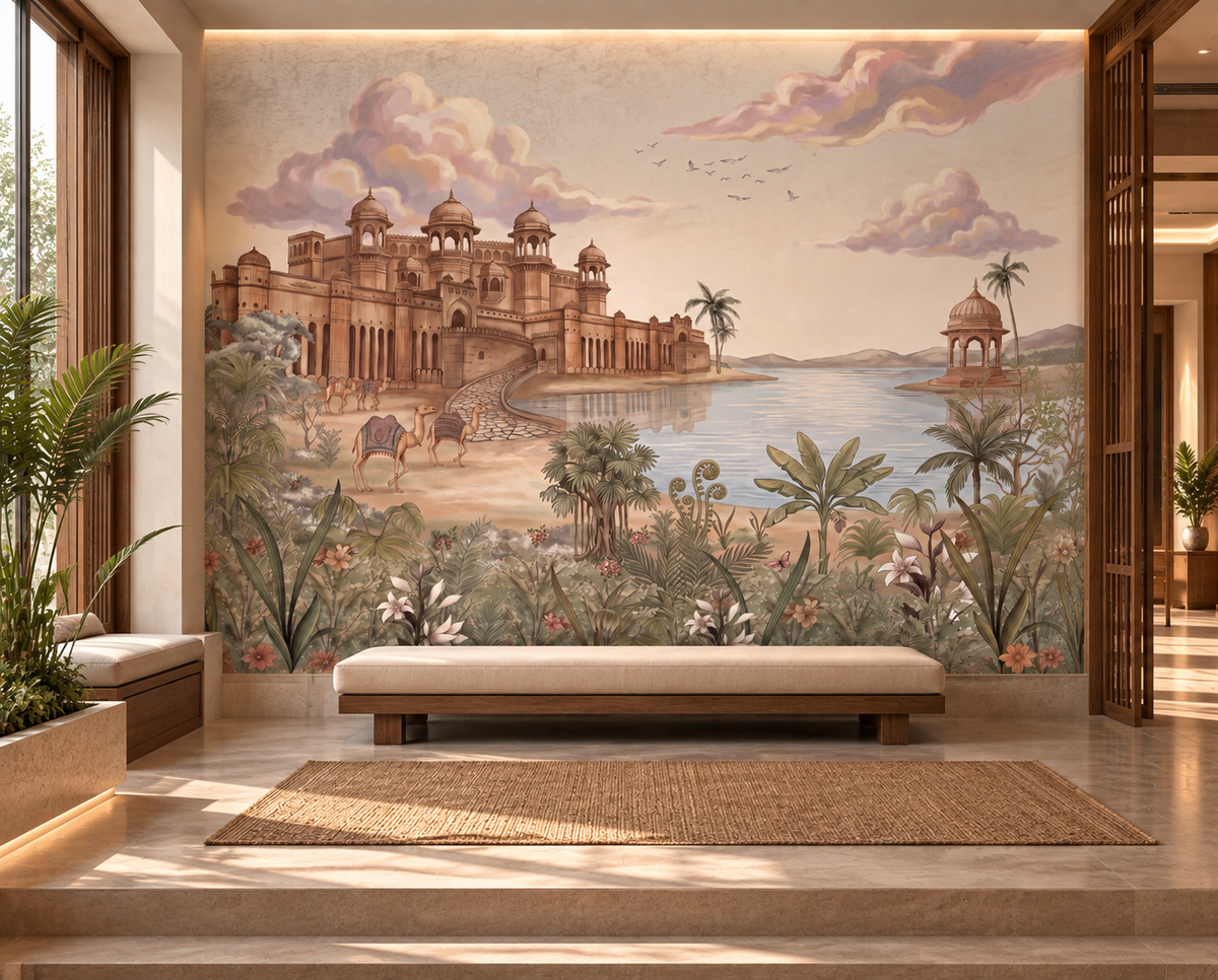 Luxurious Rajasthani palace and lake mural in warm golden tones, GD13083