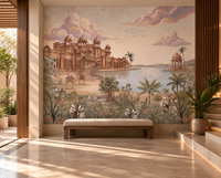 Luxurious Rajasthani palace and lake mural in warm golden tones, GD13083