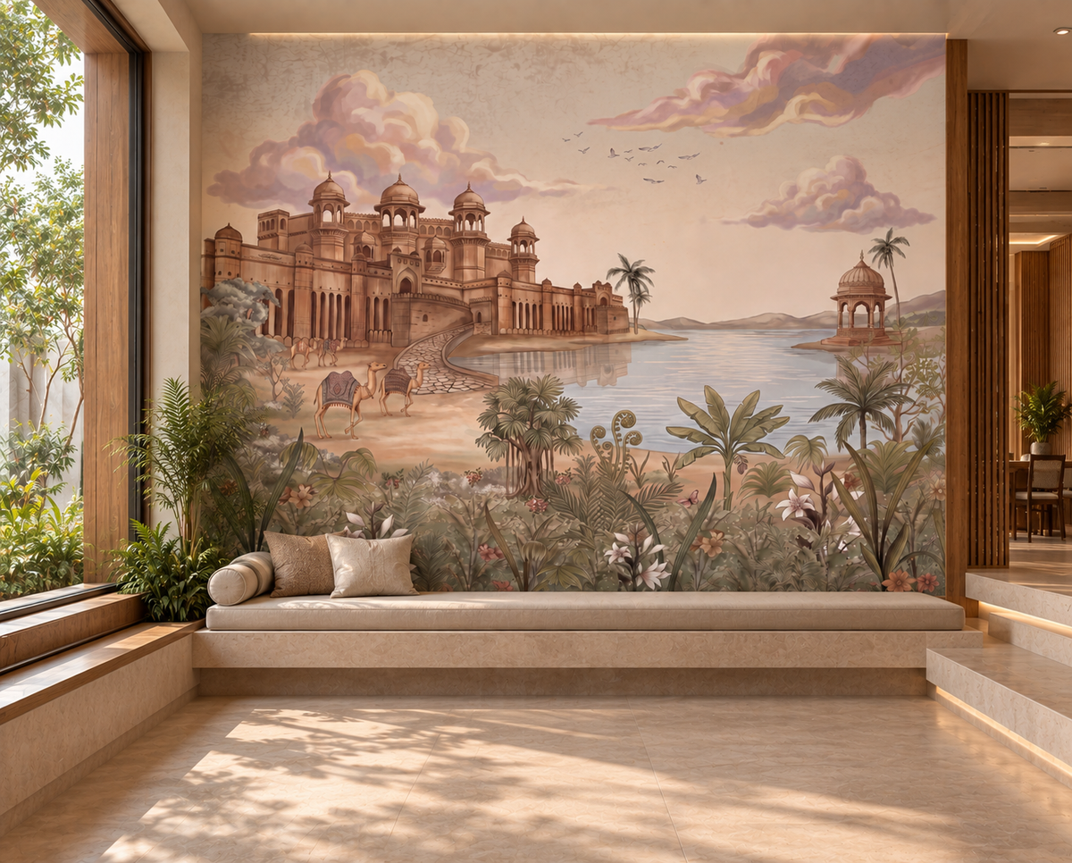 Luxurious Rajasthani palace and lake mural in warm golden tones, GD13083
