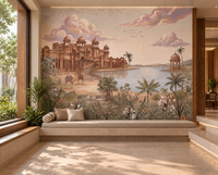 Luxurious Rajasthani palace and lake mural in warm golden tones, GD13083