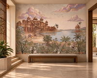 Luxurious Rajasthani palace and lake mural in warm golden tones, GD13083