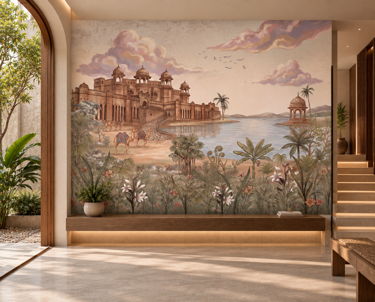 Luxurious Rajasthani palace and lake mural in warm golden tones, GD13083