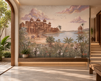 Luxurious Rajasthani palace and lake mural in warm golden tones, GD13083