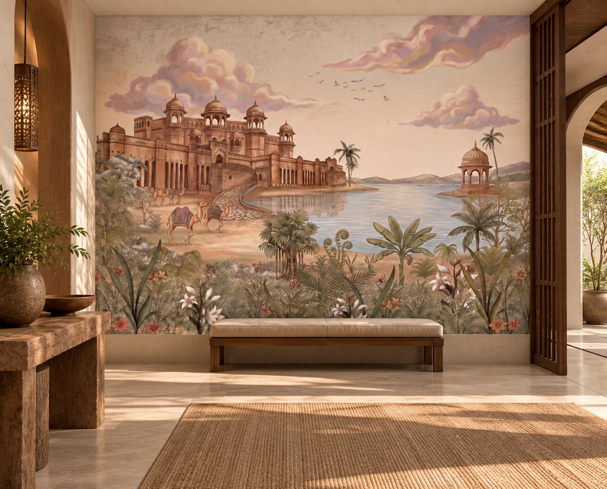Luxurious Rajasthani palace and lake mural in warm golden tones, GD13083