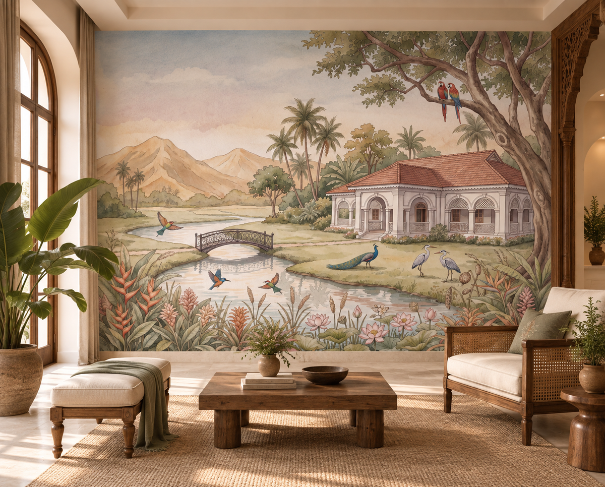 Whispering Garden Estate landscape mural with colonial villa and mountains, GD13084