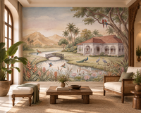 Whispering Garden Estate landscape mural with colonial villa and mountains, GD13084