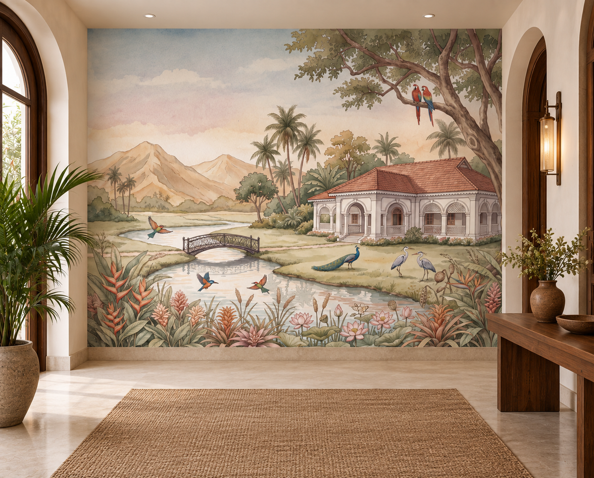 Whispering Garden Estate artistic mural with lotus pond and iron bridge detail, GD13084