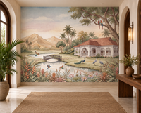 Whispering Garden Estate artistic mural with lotus pond and iron bridge detail, GD13084
