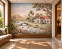 Whispering Garden Estate artistic landscape wall mural with villa, palms and herons in a living room, GD13084