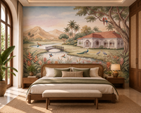 Whispering Garden Estate watercolour mural with peacocks, macaws and winding stream in a modern room, GD13084