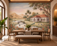 Whispering Garden Estate landscape mural with iron bridge, mountains and tropical trees in a bedroom, GD13084